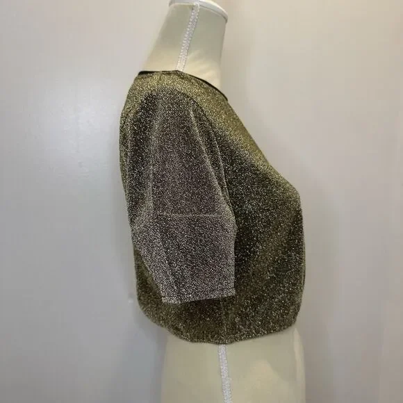 Forever 21 Gold Shimmer Puff Sleeve Crop Top Dress Shirt Size S Sparkle Glam - Picture 6 of 12